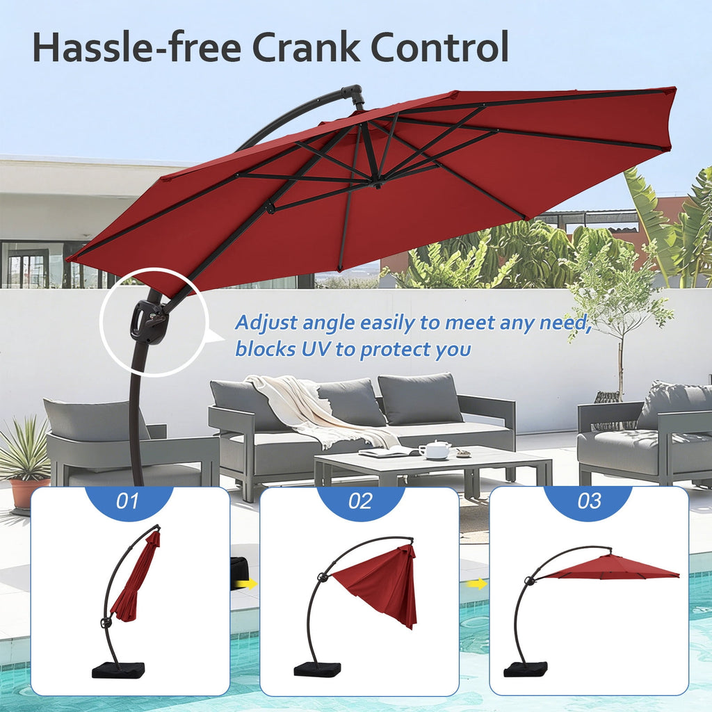 FUNDAZE 11ft Market Patio Umbrella with Base, Curved Cantilever Hanging Sun Shade with Crank & Tilt for Garden, Deck, Poolside,Beige