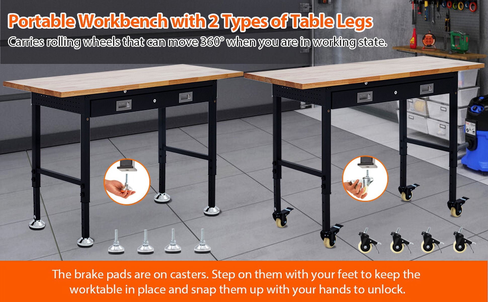 Garvee 60 x 22 in Garage Workbench with Rubber Wood Top & Cold Rolled Steel Structure, Work Bench with Drawer, Power Strip with 9 ft Cord