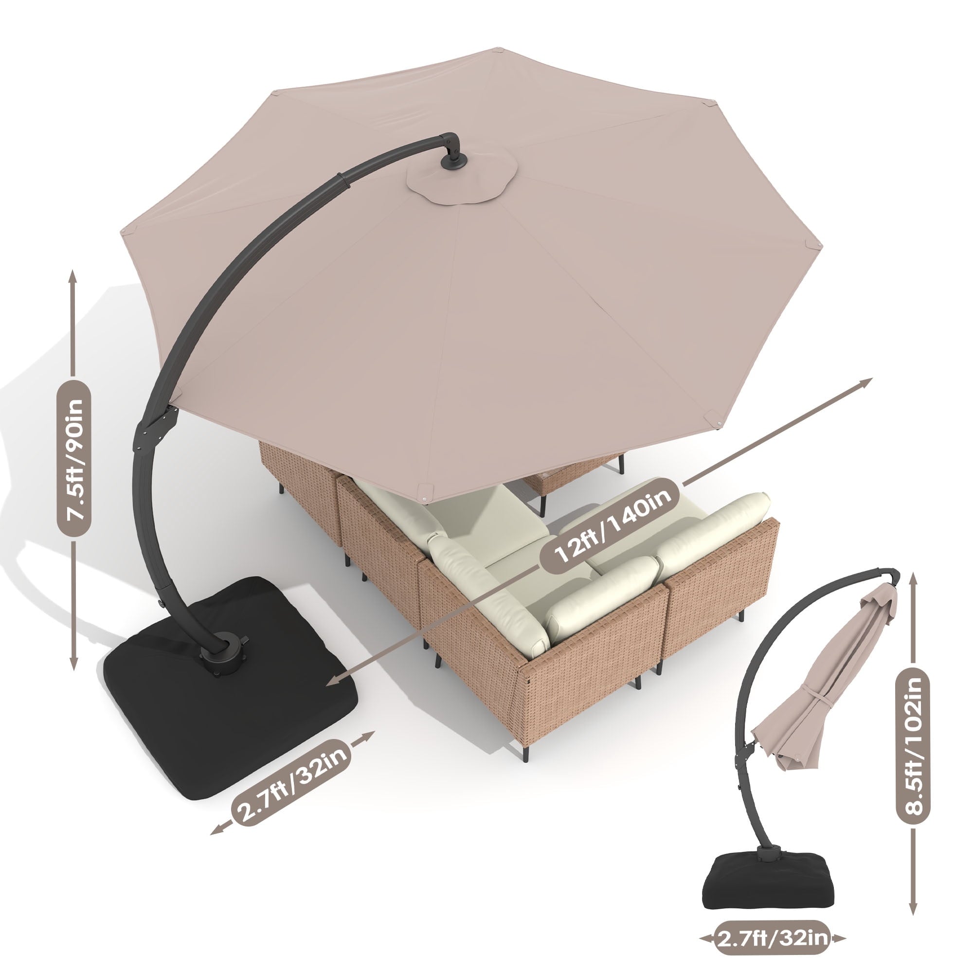 LAZZO 12ft Outdoor Patio Umbrella with Base and Lights, Aluminum Offset Cantilever Umbrella for Pool Deck, Champagne