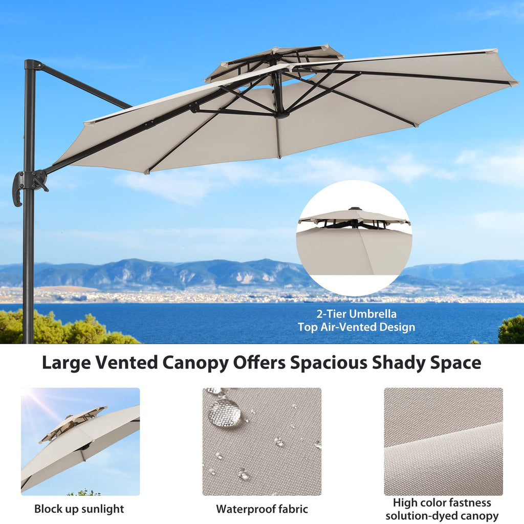 Ainfox 10ft Double Top Heavy-Duty Patio Cantilever Umbrella with lights and Cross Base, Outdoor Large Offset Hanging Aluminum Rotation Sun Shade Solar Umbrella with 360°Rotation Adjustable,Khaki