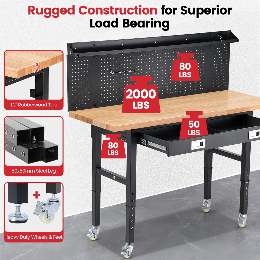Workbench for Garage,ENJOYWOOD Heavy Duty 48 inch Wood Work Bench with Drawers,Led Lights, Pegboard and Wheels,Rubber Wood Tabletop,2000 LBS Load Bearing Workstation Garage Desk Table Worktable