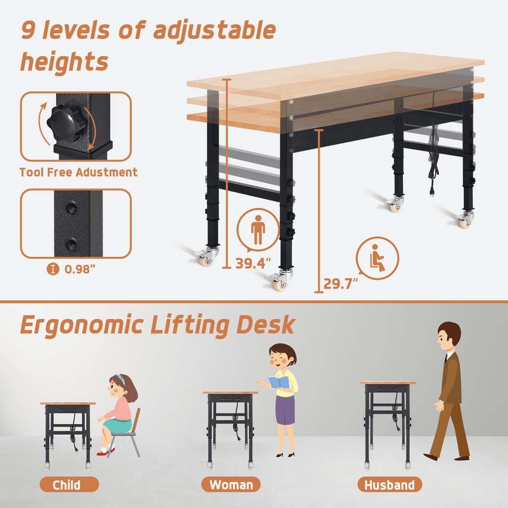 NETAJE 60 Heavy-Duty Work Bench Adjustable Workbench Work Table 2000 lb Load Capacity w/ Power Outlets for Garage, Workshop, Workstation