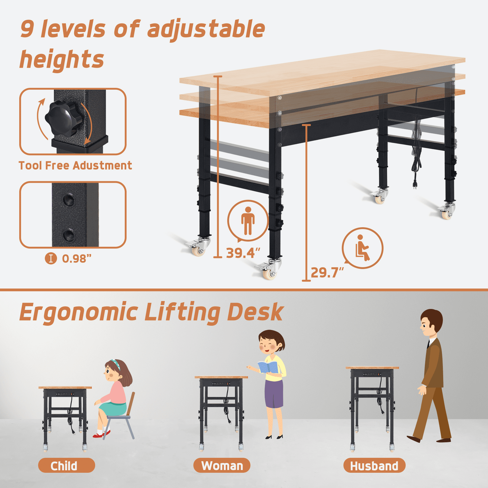 NETAJE 60 Heavy-Duty Work Bench Adjustable Workbench Work Table 2000 lb Load Capacity w/ Power Outlets for Garage, Workshop, Workstation
