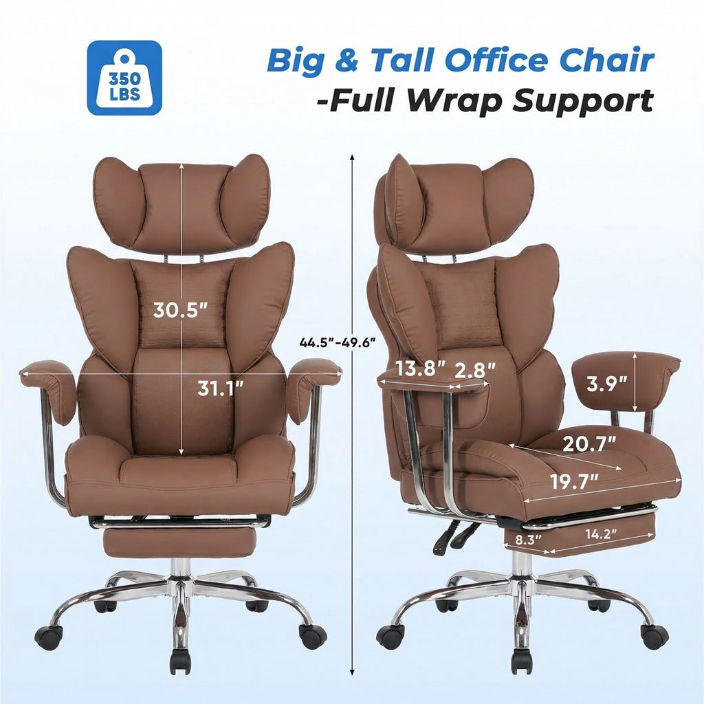 edx Executive Home Office Desk Chair, Ergonomic Big Tall High Back with Footrest & Lumbar Support, Reclining Comfy PU Leather Computer Gaming Chair with Swivel Wheels, Height Adjustable, Black