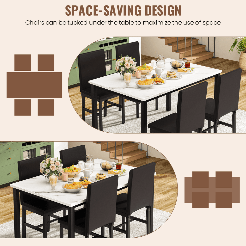 AWQM 5 Piece Dining Table Set, Faux Marble Kitchen Table and Chairs for 4, Dining Room Table Set with 4 PU Leather Chairs, White