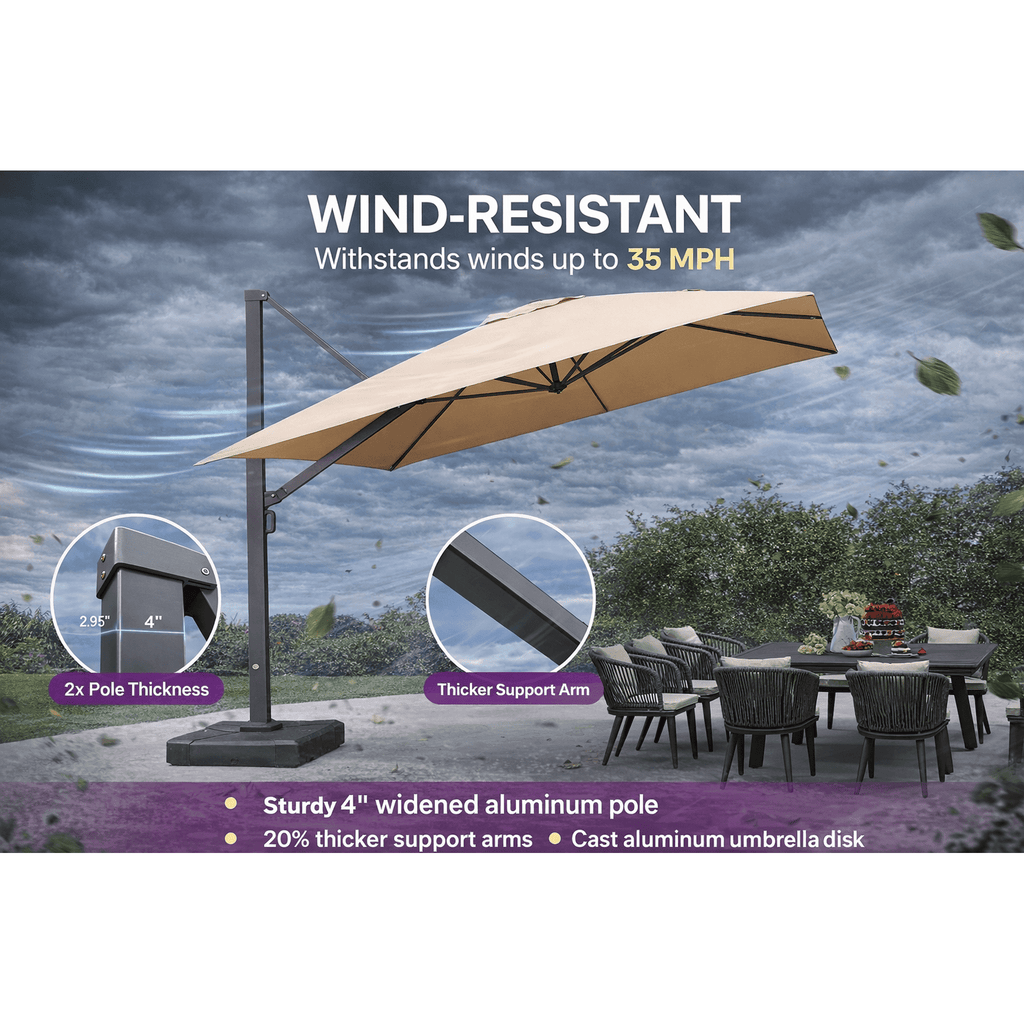 PURPLE LEAF 12 FT Outdoor Cantilever Umbrellas Square Aluminum Windproof Offset Umbrella with 360°Rotation Tilt Adjutable Garden Pool Large Patio Umbrella,Gray