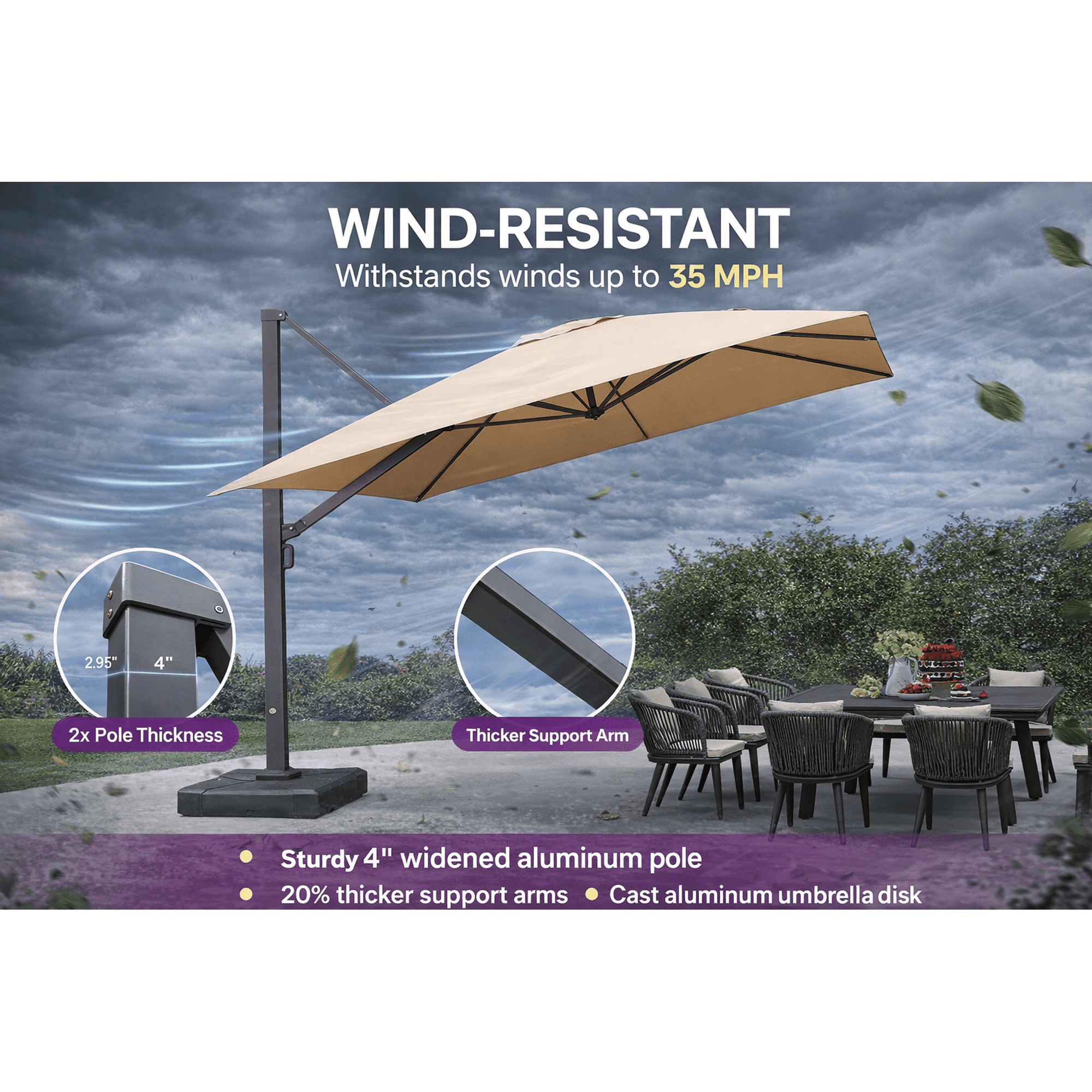 PURPLE LEAF 12 FT Outdoor Cantilever Umbrellas Square Aluminum Windproof Offset Umbrella with 360°Rotation Tilt Adjutable Garden Pool Large Patio Umbrella,Gray