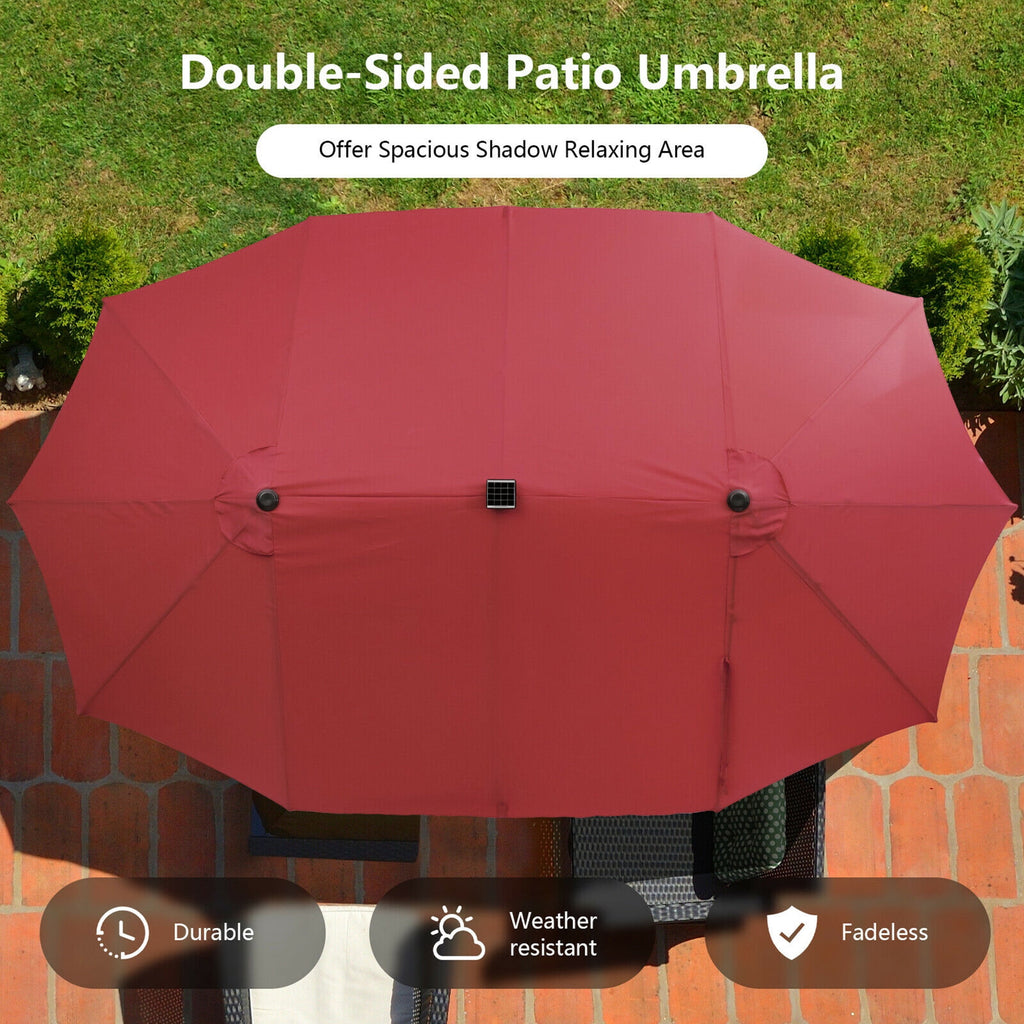 Gymax Outdoor 15' Double-Sided Patio Umbrella 48 Solar LED Lights Crank & Base Coffee