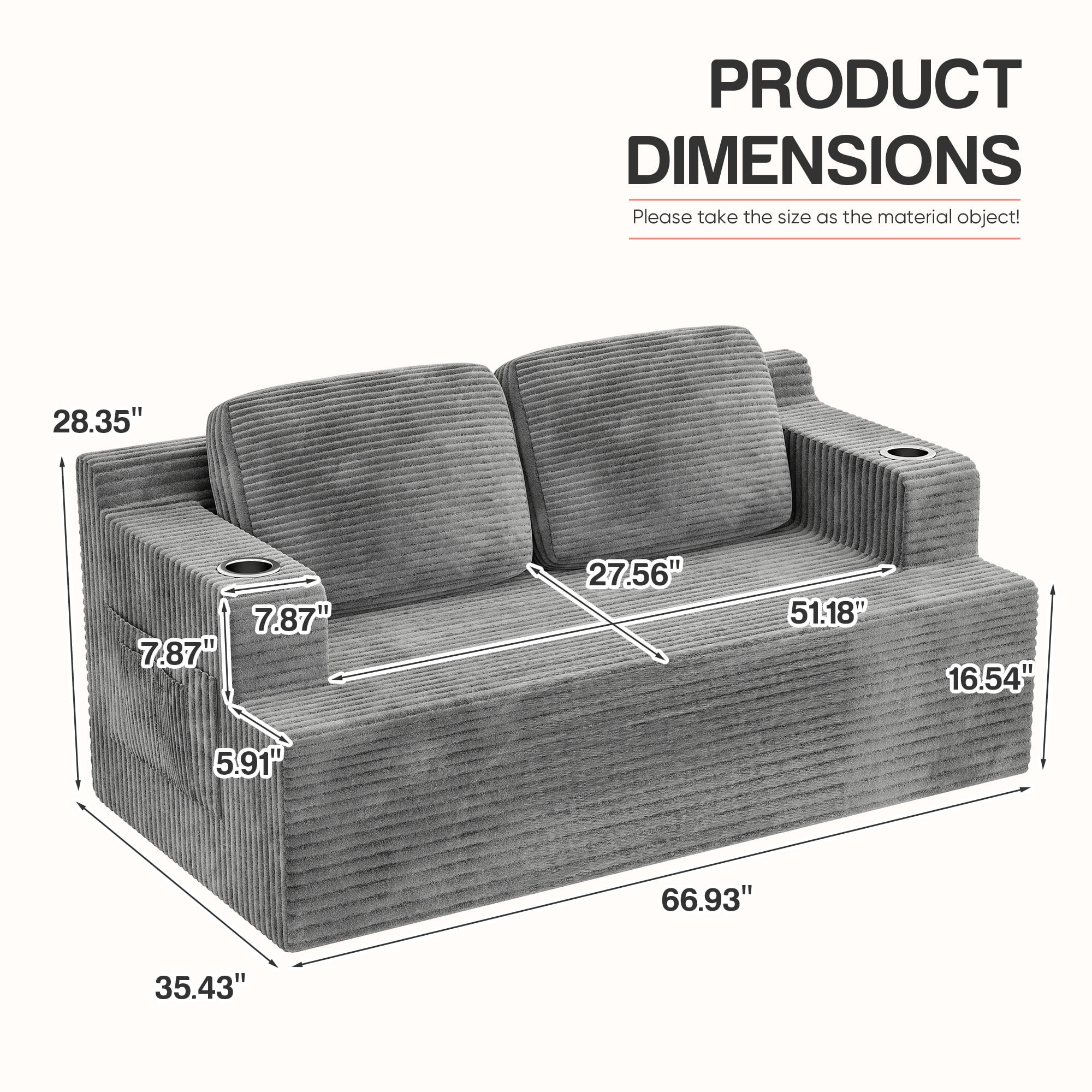 Homall Cloud Boneless Corduroy Sofa Loveseat Double-seater Couch Lounge Floor Chair for Bedroom,Gray