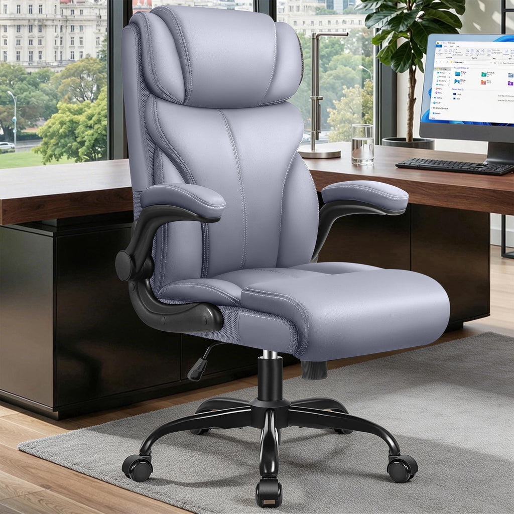 STACOO High Back Executive Office Chair 400lbs, Big and Tall Ergonomic Desk Chair with Lumbar Support & Flip-up Armrests, PU Leather Swivel Chair with Adjustable Height – Brown