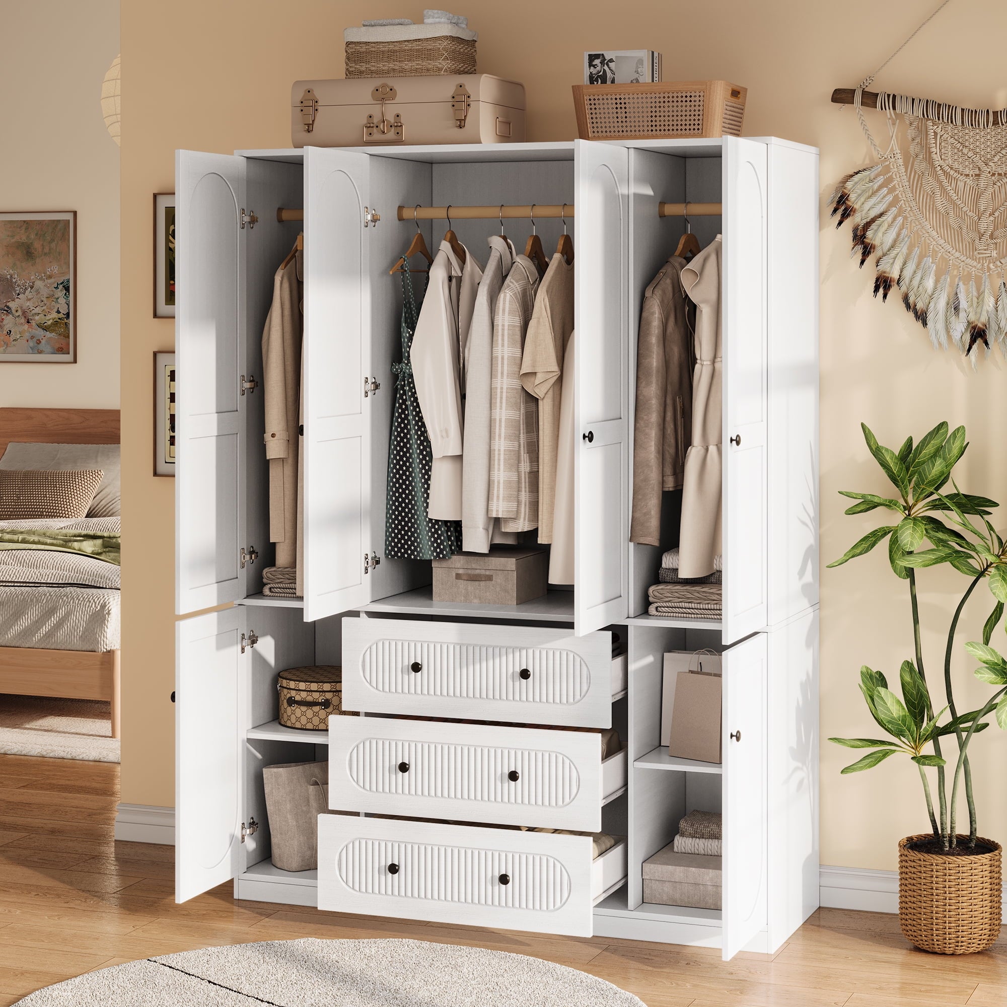 UGTOO 72H 4-Door Wardrobe Armoire with 3 Hanging Rods & 3 Drawers – Black Wooden Closet Storage Cabinet, Large Capacity Freestanding Clothes Organizer for Bedroom