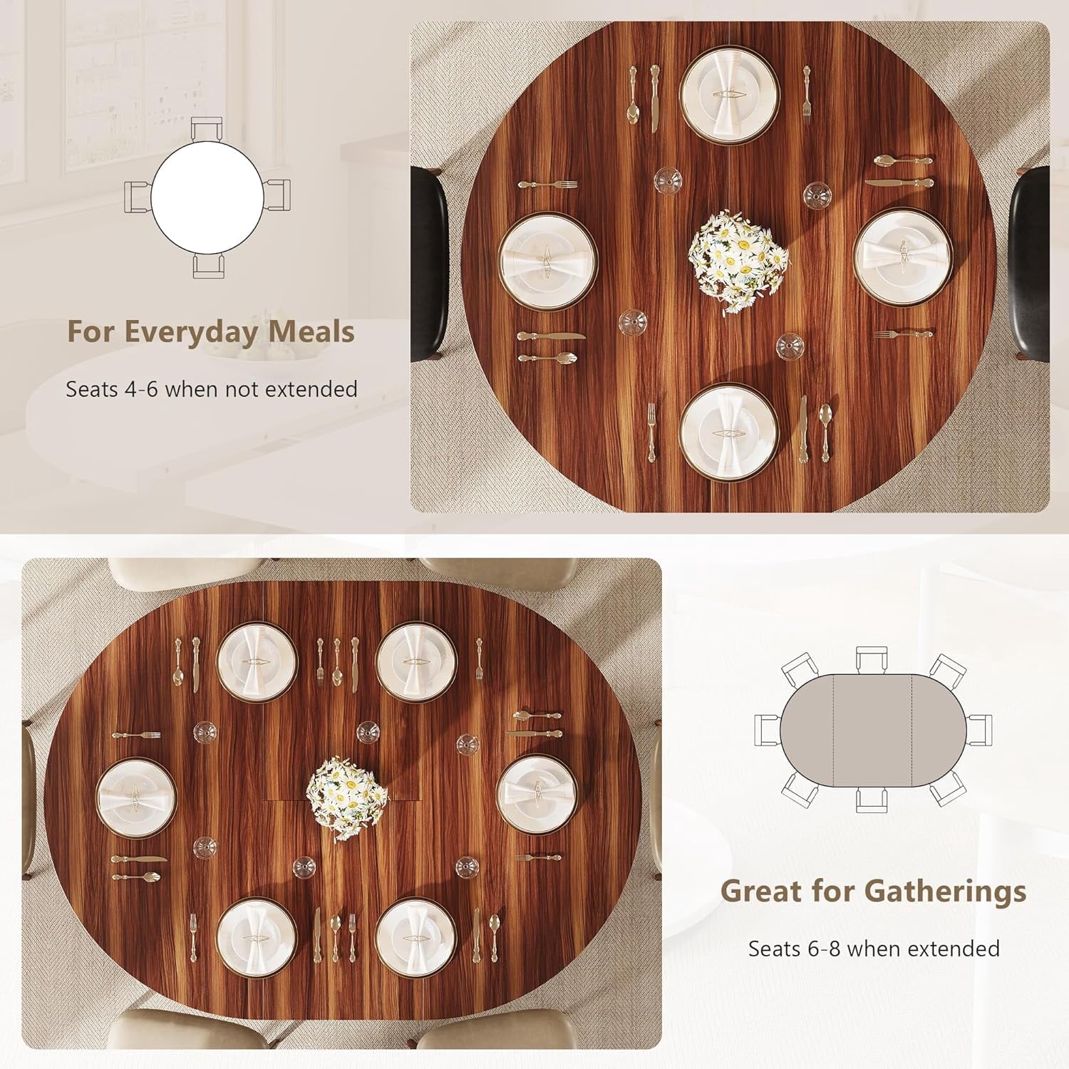 Virans 43.3-59 Extendable Round Dining Table for 6-8,Kitchen Table with MDF,Modern Dinner Table for Dining Rooms,Living Rooms,Walnut
