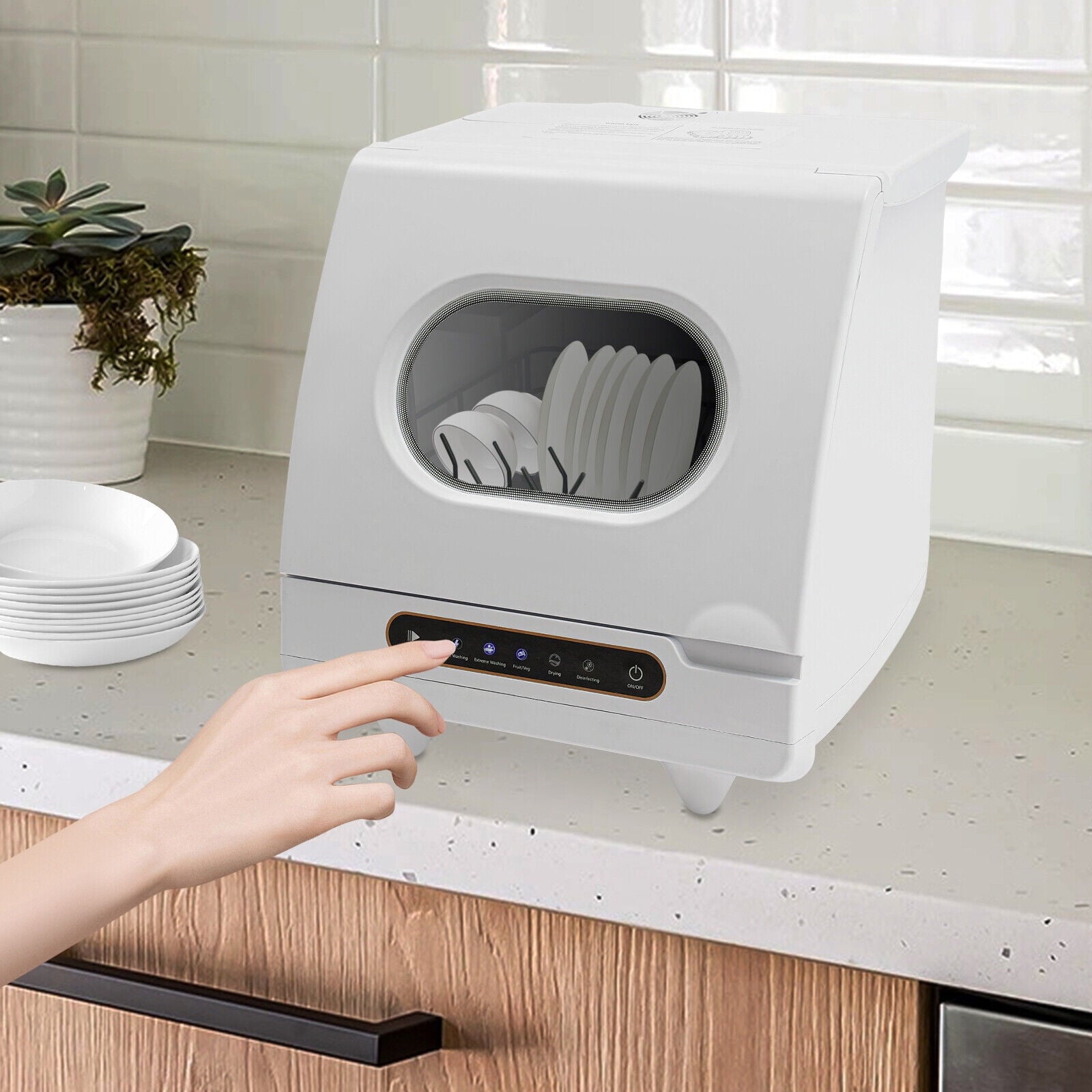 1200W Portable White Countertop Dishwasher Compact Dishwasher 5 Washing Programs