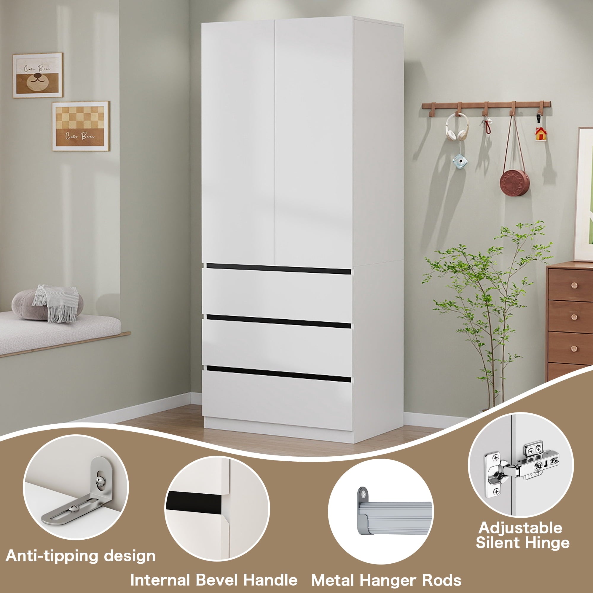 74.8''H Wooden Wardrobe Closet with 3 Drawers & Hanging Rod, 2-Door Armoire Cabinet with Smooth Drawer Slides for Bedroom