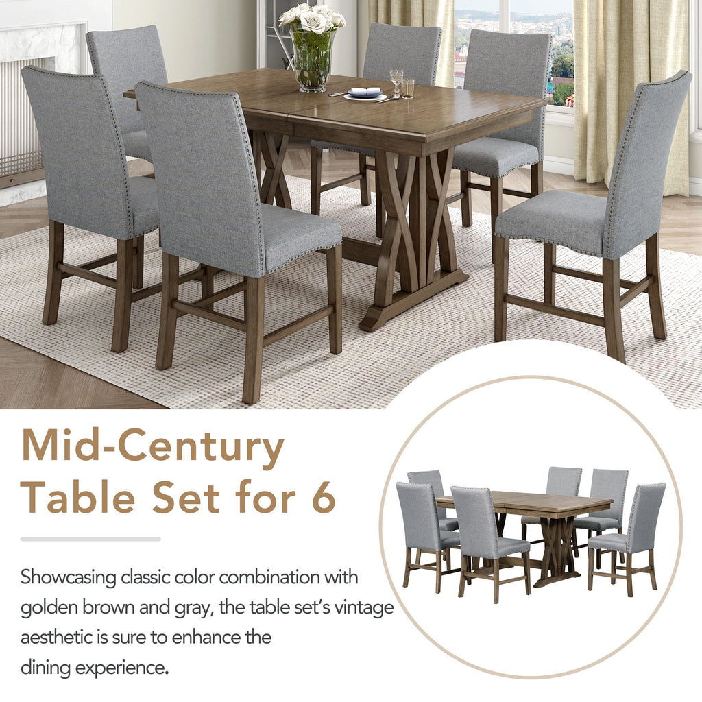 Harper & Bright Designs 7 Pieces Retro Dining Set for 6, Wood Rectangular Table with Designed Trestle Base and 6 Upholstered Chairs for Dining Room and Kitchen, Grey