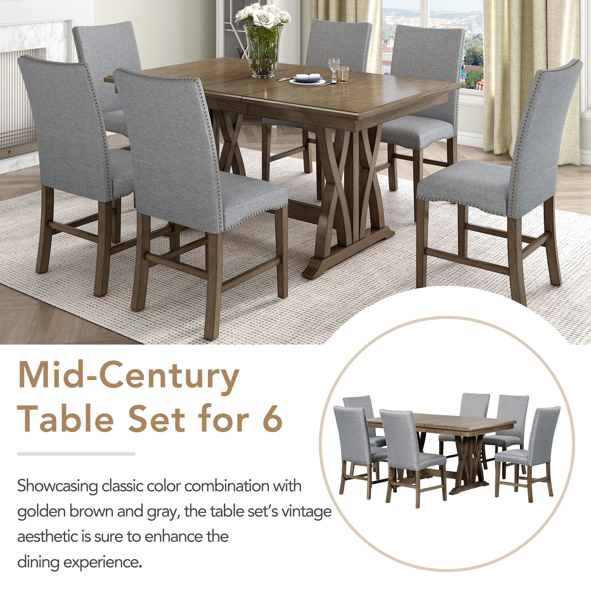 Harper & Bright Designs 7 Pieces Retro Dining Set for 6, Wood Rectangular Table with Designed Trestle Base and 6 Upholstered Chairs for Dining Room and Kitchen, Grey