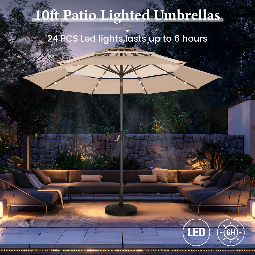 Summit Living 10ft Patio Umbrella with Solar Lights 3-Tier Vented Outdoor Market Umbrella with Auto-Tilt – Beige