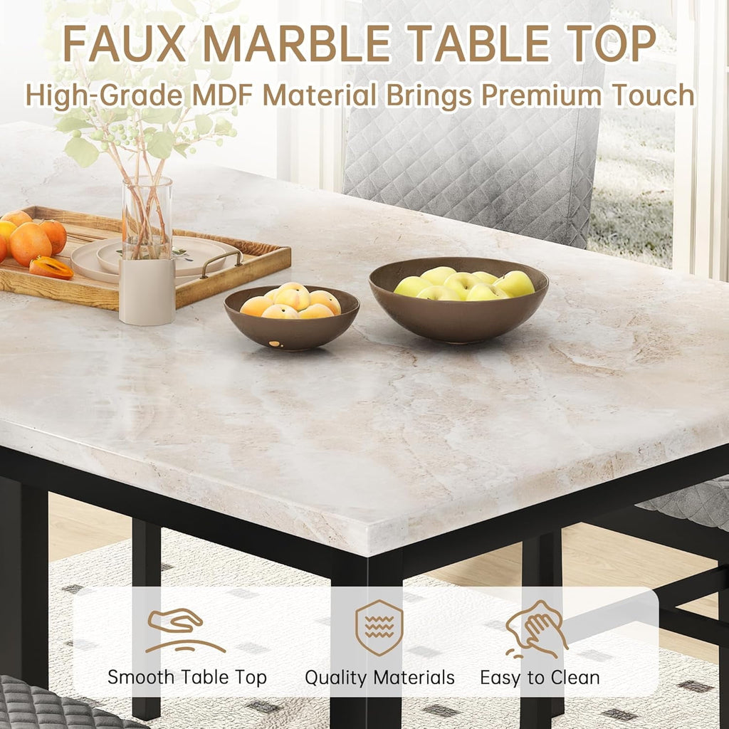 Baxluxe Dining Table Set for 4, Modern 5 Piece Dining Table Set, Faux Marble Kitchen Table and 4 Velvet Upholstered Chairs for Apartments, Dining Rooms, Small Spaces, Gray