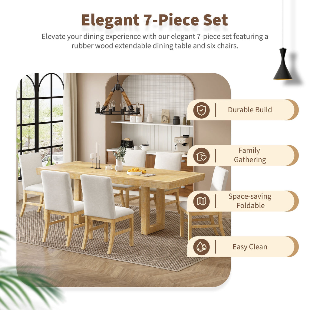 Harper & Bright Designs 7 Pieces Retro Dining Set for 6, Wood Rectangular Table with Designed Trestle Base and 6 Upholstered Chairs for Dining Room and Kitchen, Grey