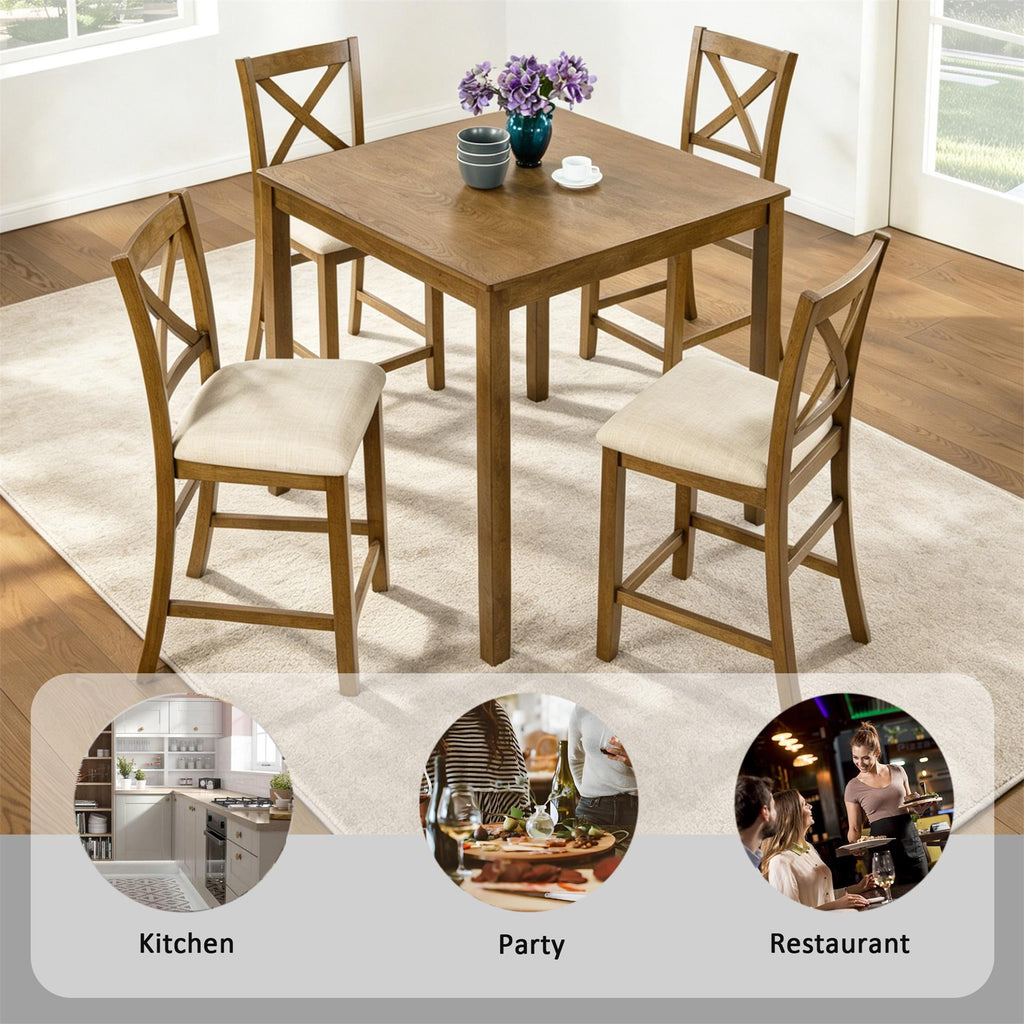 SESSLIFE Dining Table Set for 4, Counter Height Kitchen Table Set with Square Table and 4 Upholstered Chairs, Solid Wood Dining Room Set for 4, Space-Saving, Black & Oak