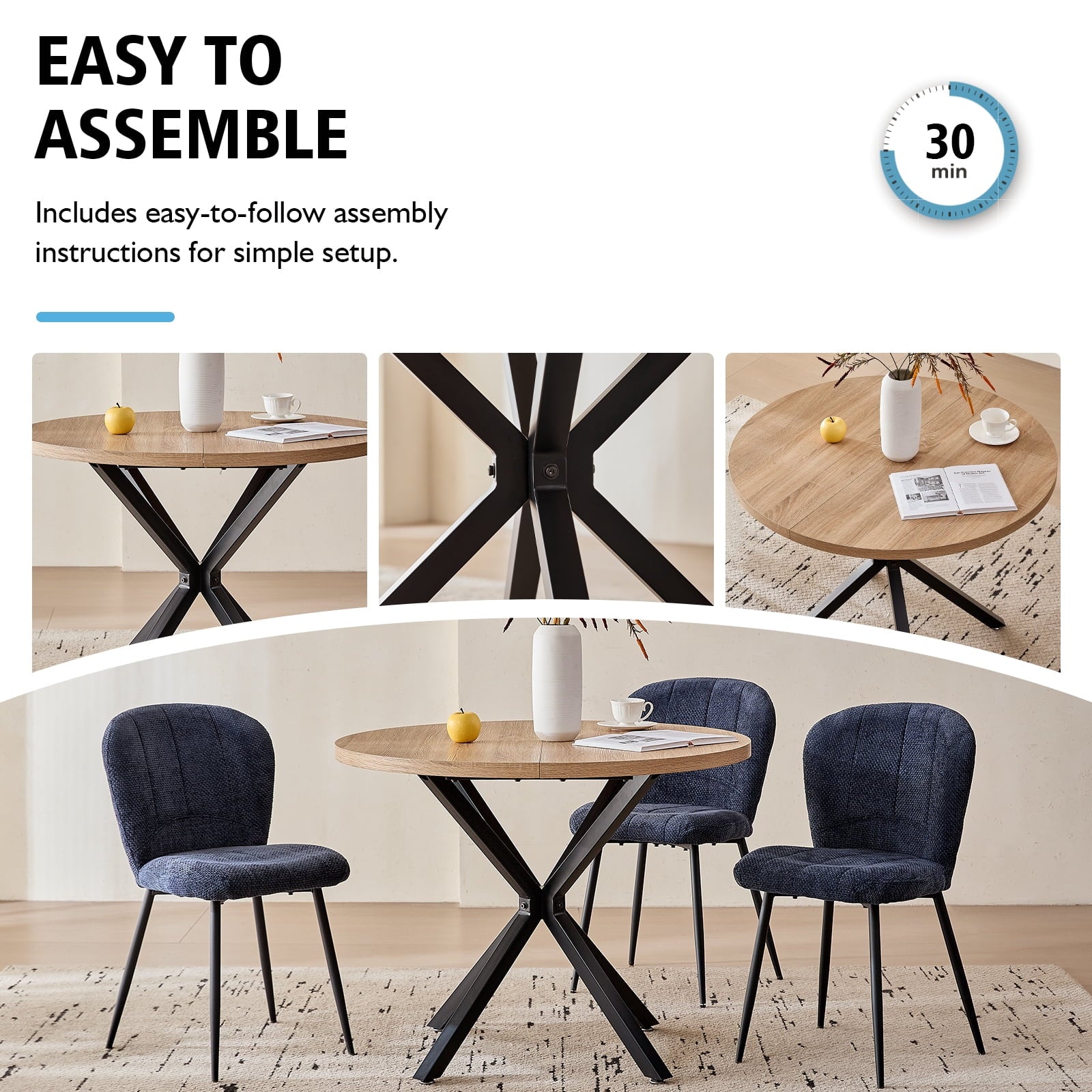 5 Piece 39 Round Dining Table Set for 4, Mid Century Kitchen Table with 4 Khaki Fabric Upholstered Dining Chairs for Apartment Living Room, Space Saving Table.