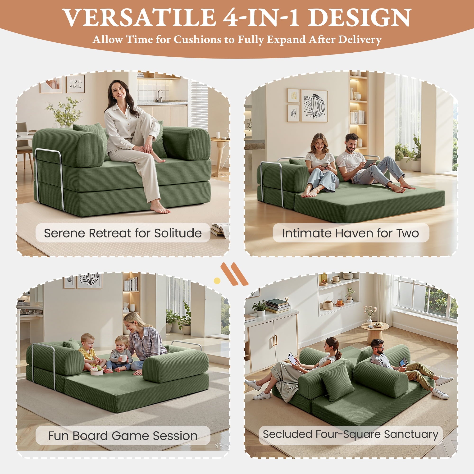 COOLHUT 63 W Combination Sofa, High Rebound Density Foam Sofa Couch, Two Forms Floor Couch Three Seats Sofa Bed for Living Room, Bedroom, Green