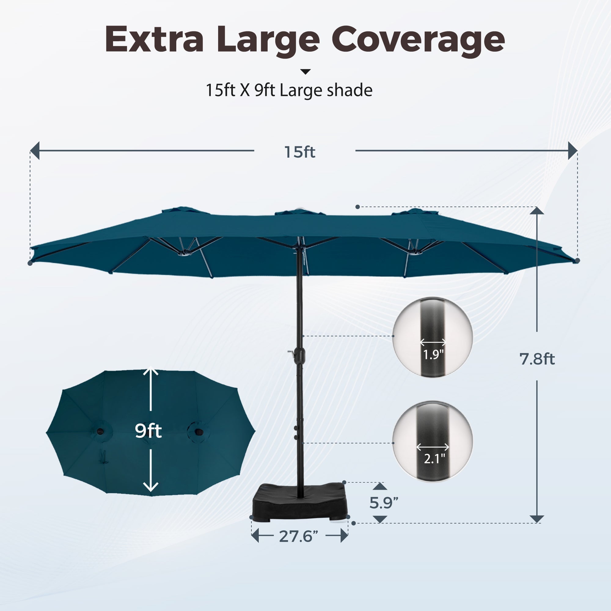 Alpha Joy 15ft Outdoor Patio Umbrella Extra-Large Double-Sided Garden Umbrella with Crank Handle and Base - Smoky Gray