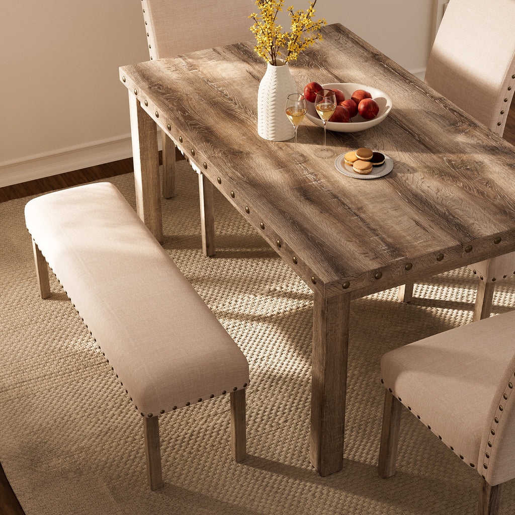 Farmhouse Dining Table Set for 6, Rectangular Wooden Table& 6 Upholstered Kitchen Chairs with Nailhead Accents for Dining Hub,Breakfast Nook