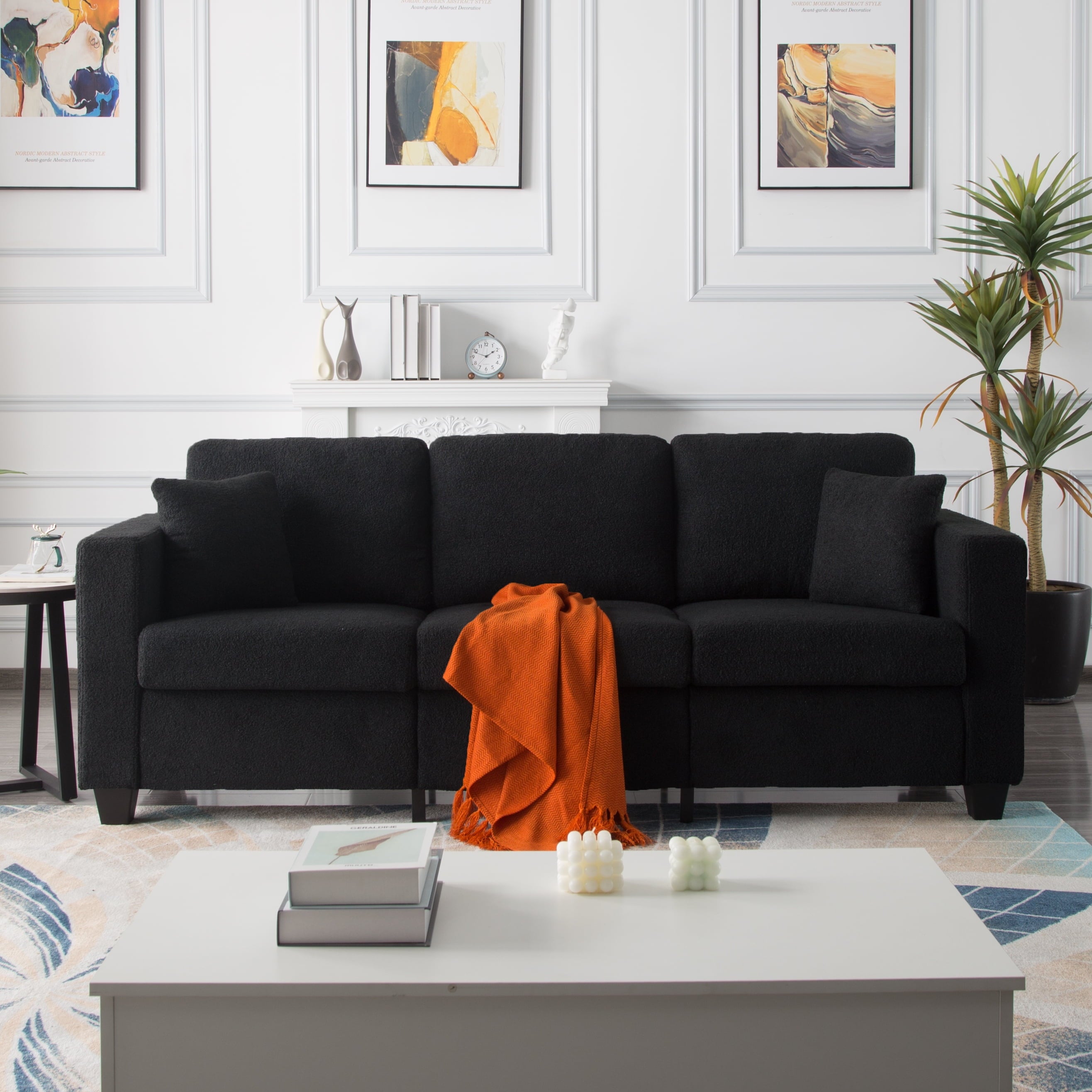 Gewnee 86.6 Modern Sofa Couch,Teddy Velvet 3 Seaters Comfy Couch with Deep Seat for Living Room,2 Pillows,Beige