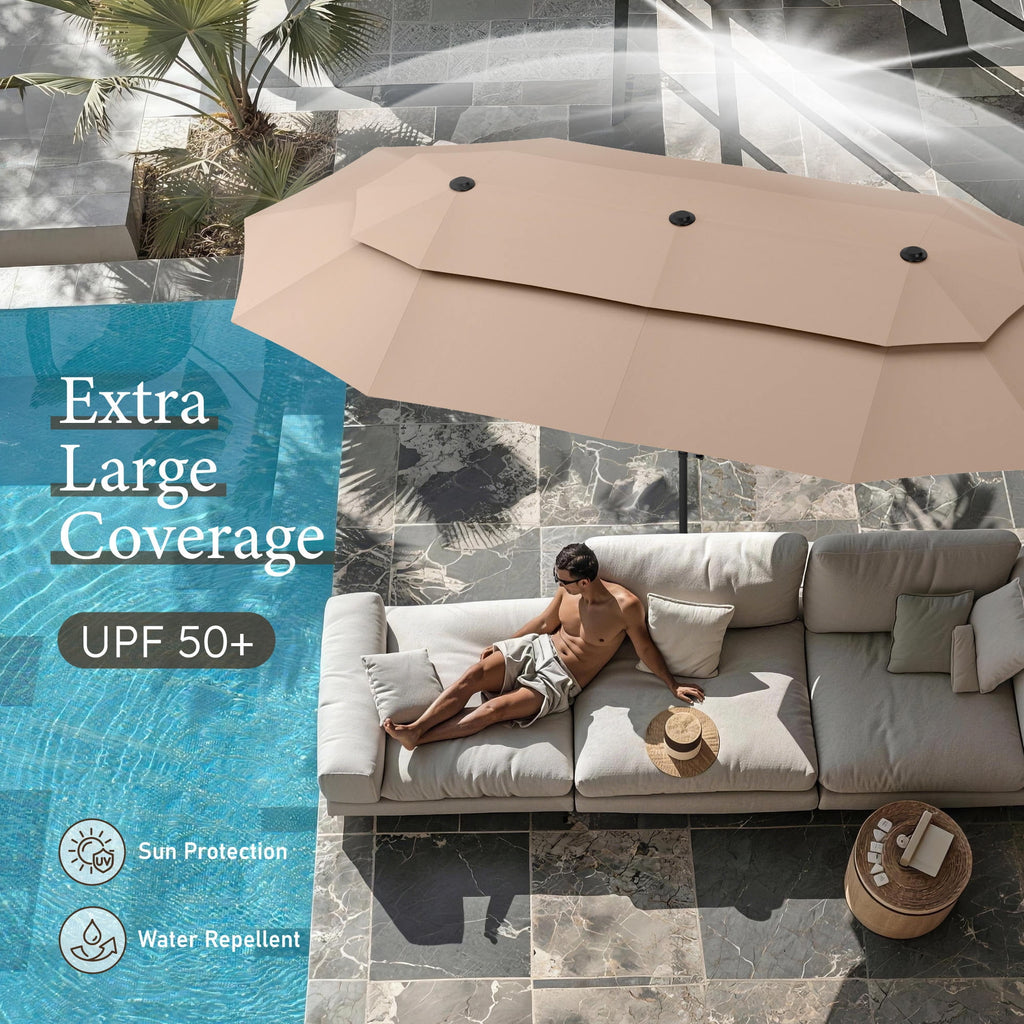 SUMMIT LIVING 13FT Patio Umbrella with Base Included - Double-Vented Rectangle Outdoor Market Umbrella for Patio - Beige