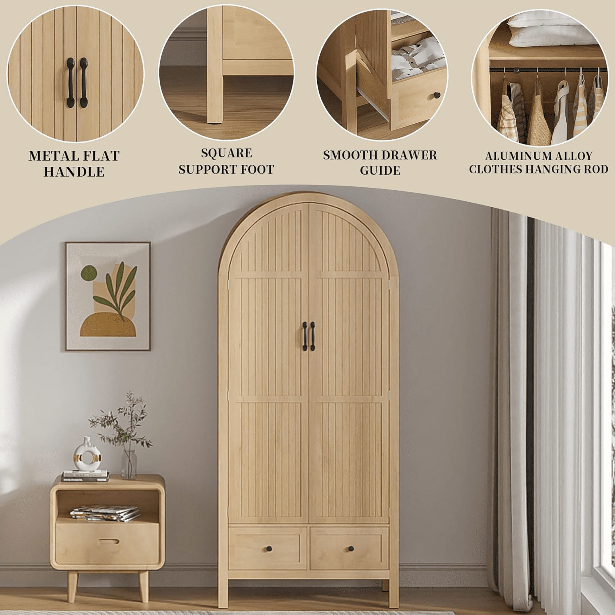 Oubayajia Arched Armoire Wardrobe Closet with Fluted Doors, Wooden Wardrobe Closet with Drawers, Shelves and Hanging Rod for Bedroom
