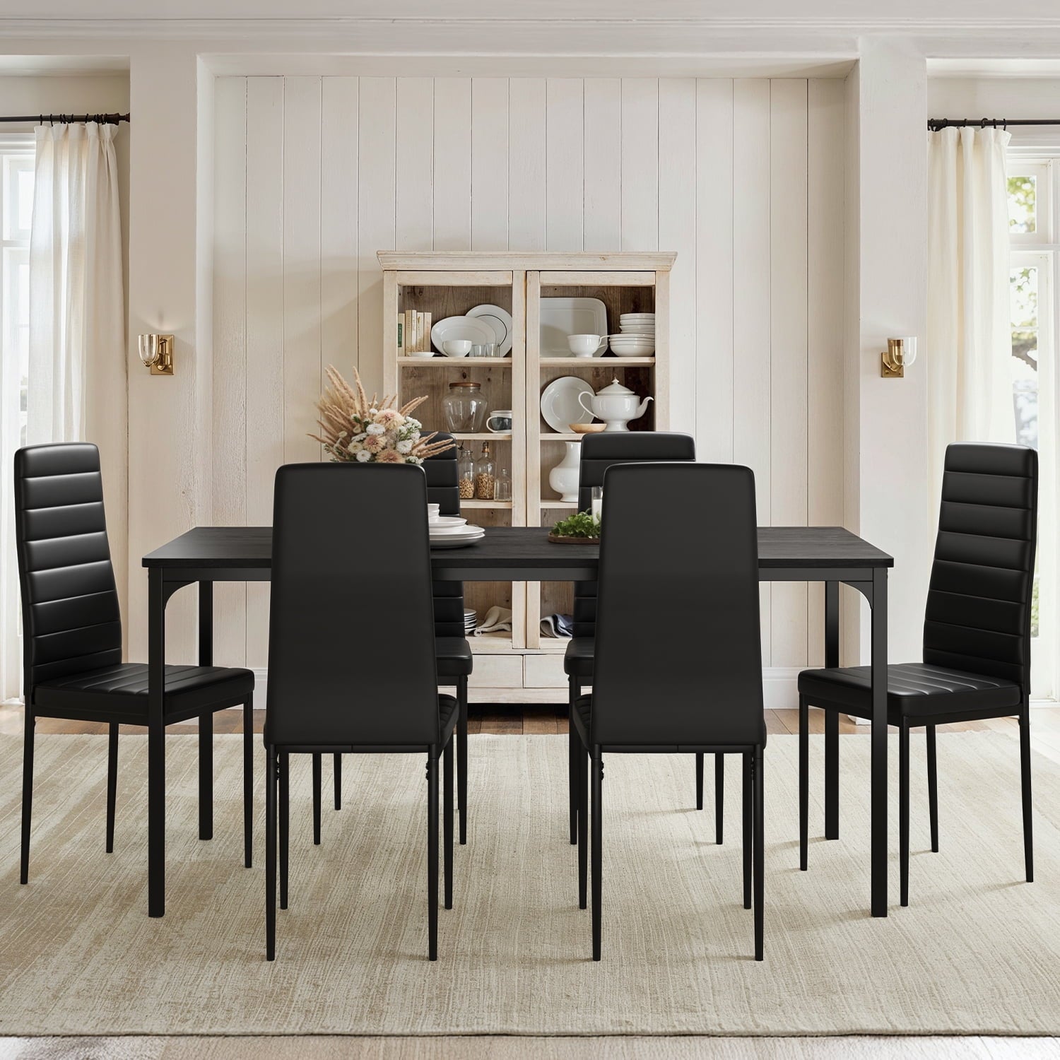 7 Piece Dining Table Set for 6, Kitchen Dining Room Furniture with 6 PU Leather Upholstered Chairs, Suitable for Apartment Small Space, Black