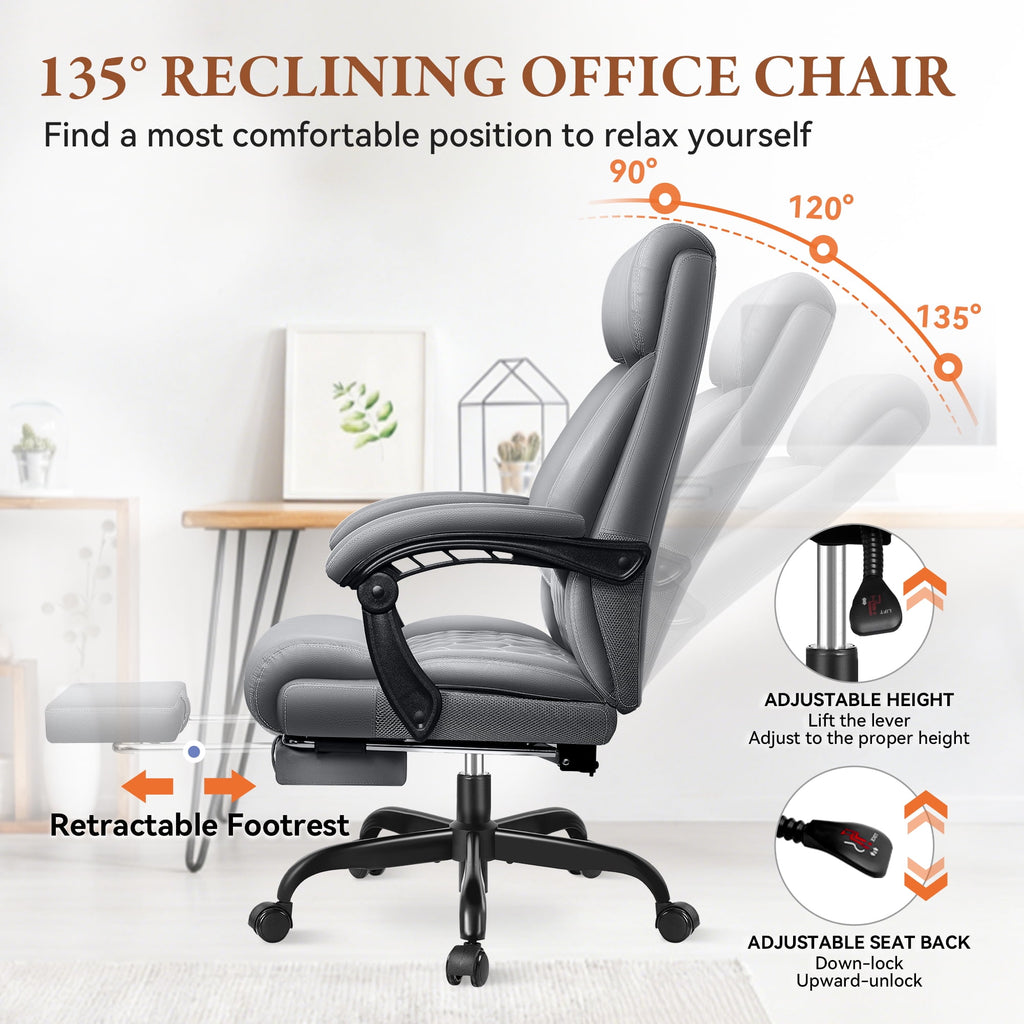 FASTES Executive Office Chair, Ergonomic Desk Chair with Adjustable Armrests, Computer Leather Chair Big and Tall Office Chair with Footrest and Lumbar Support, Brown