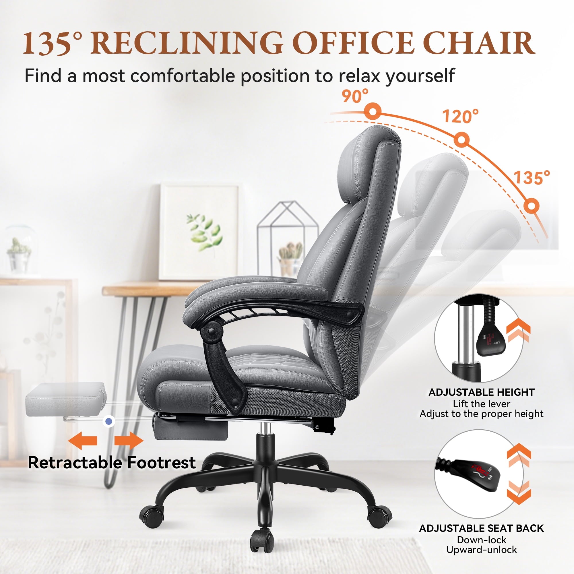 FASTES Executive Office Chair, Ergonomic Desk Chair with Adjustable Armrests, Computer Leather Chair Big and Tall Office Chair with Footrest and Lumbar Support, Brown