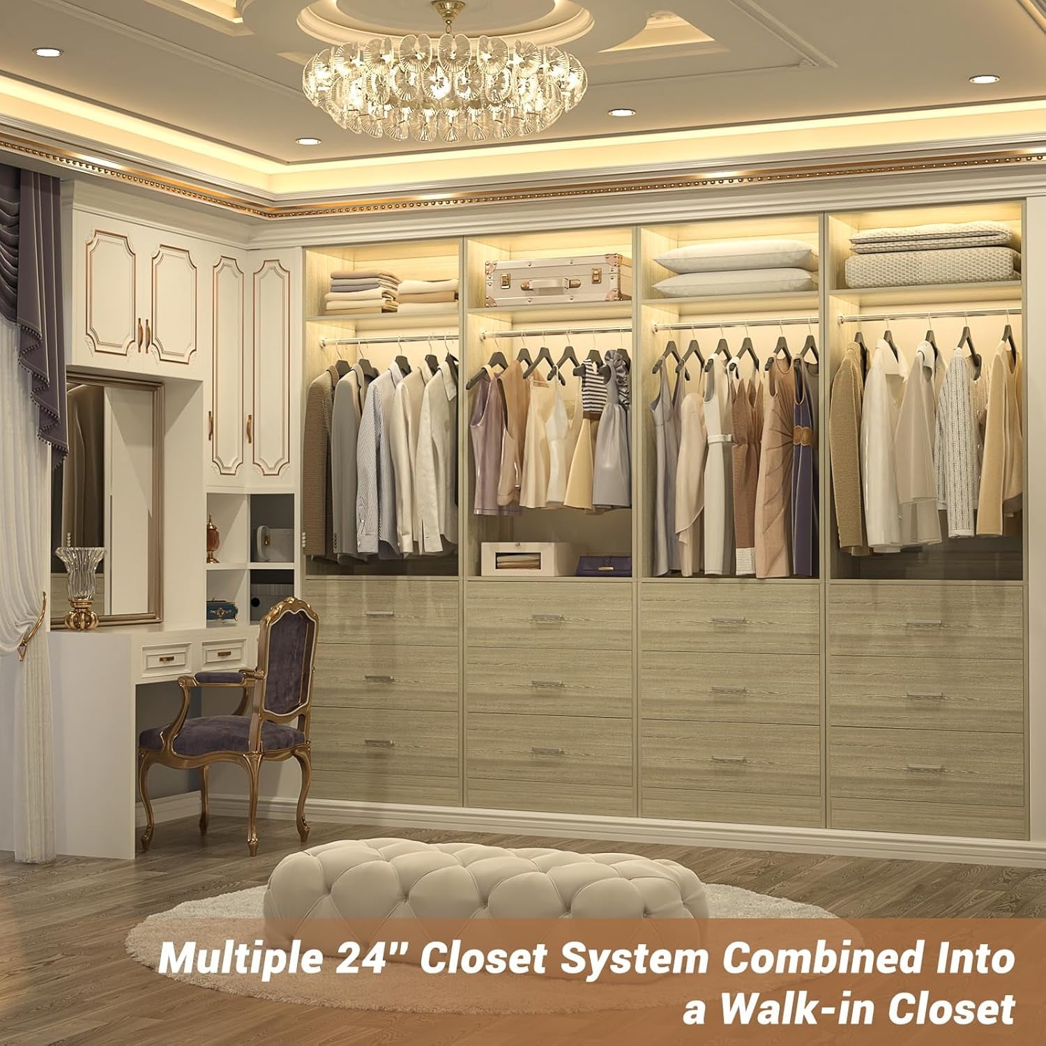 Homieasy Freestanding 2FT Closet System with 3 Wood Drawers, 24 Closet Organizer System with Hanging Rod & Shelves, Walk-in Closet Systems for Small Closets, White