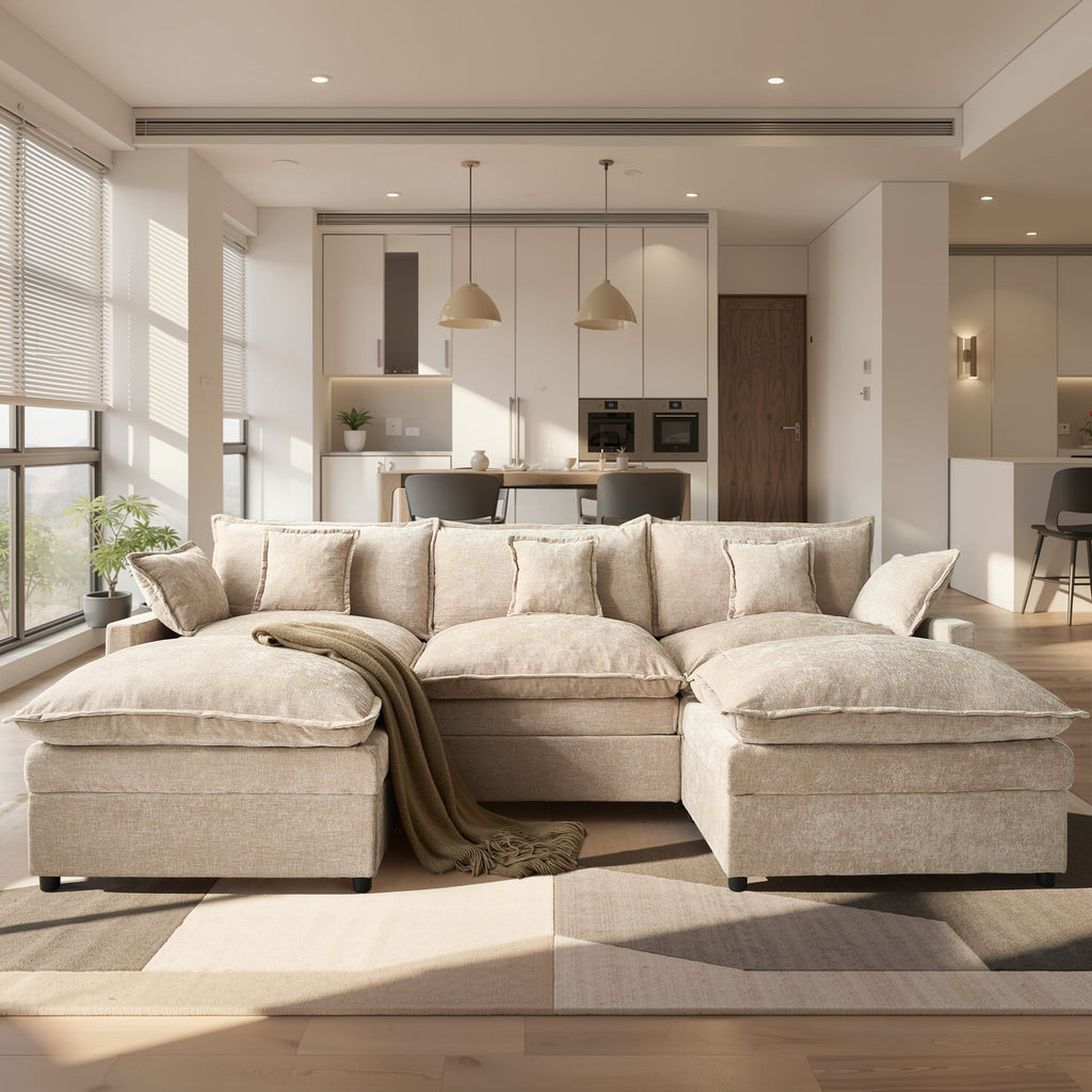Ovios 108 Modular Sectional Sofa U-Shaped Cloud Couch with 2 Ottomans, Comfy Living Room Furniture, Chenille, Camel