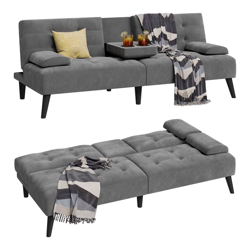 Walsunny Convertible Futon Sofa Bed, Foldable Futon Sleeper Sofa Bed with 2 Cup Holders, Folding Loveseat Recliner with 3-Angle Adjustment Modern Couch for Living Room, Small Space, Pink