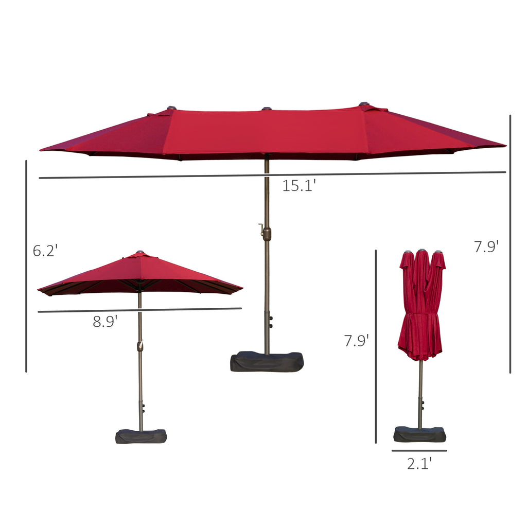 Outsunny Patio Umbrella 15' Steel Rectangular Outdoor Double Sided Market with base, Sun Protection & Easy Crank for Deck Pool Patio, Beige