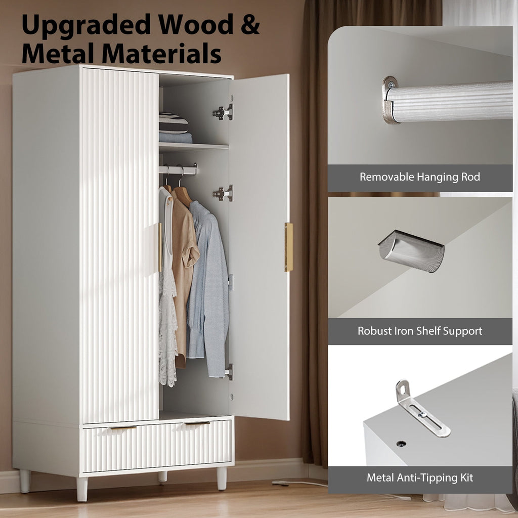 Ktaxon Wardrobe Armoire Closet with Hanging Rod, Modern Drawer & Shelf – Elegant White Finish Closet, Farmhouse to Mid-Century Style