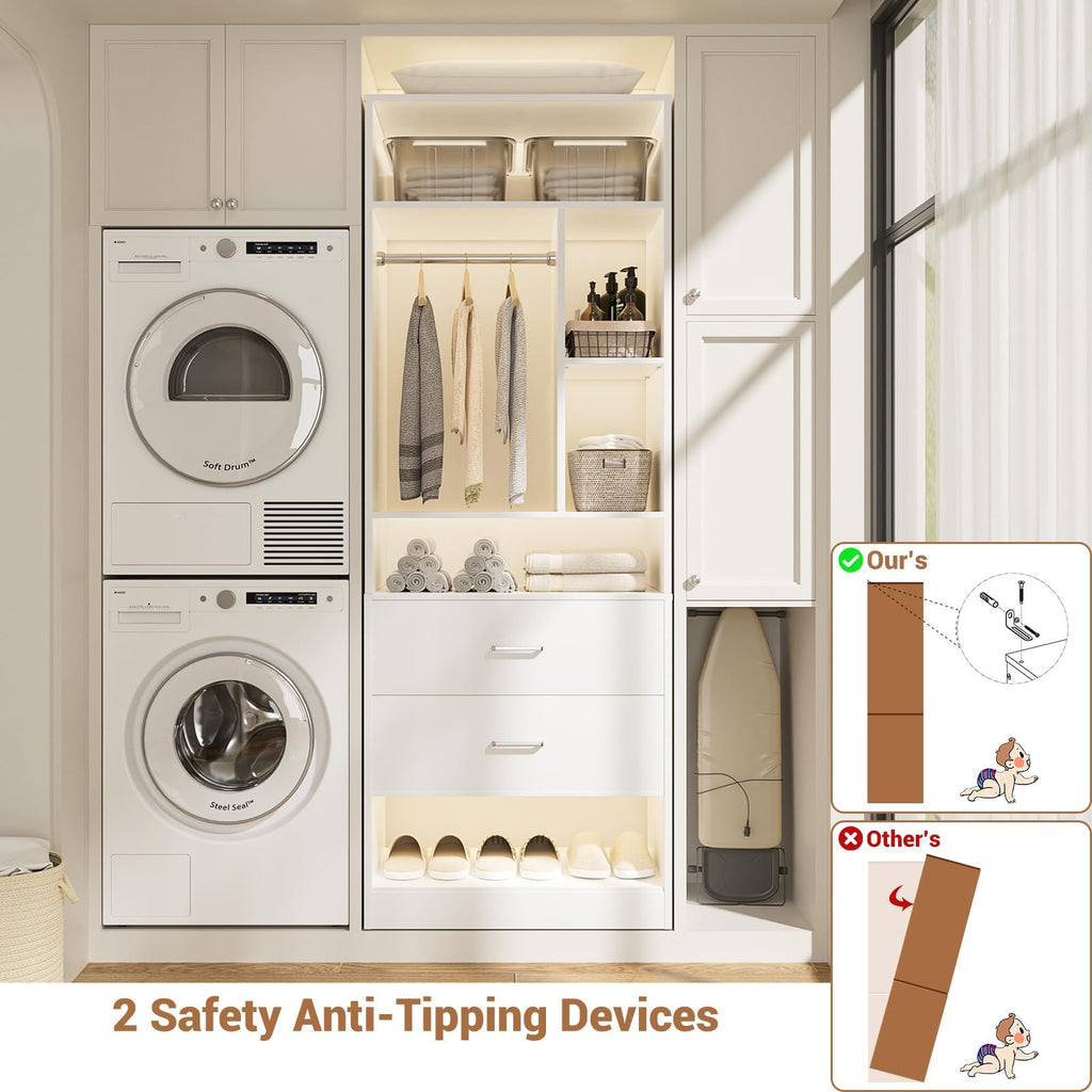 Homieasy Freestanding 24 Closet System with 2 Wood Drawers, 2FT Small Closet Organizer System with 6 Shelves & Hanging Rod, Walk-in Closet Systems for Small Closets, White