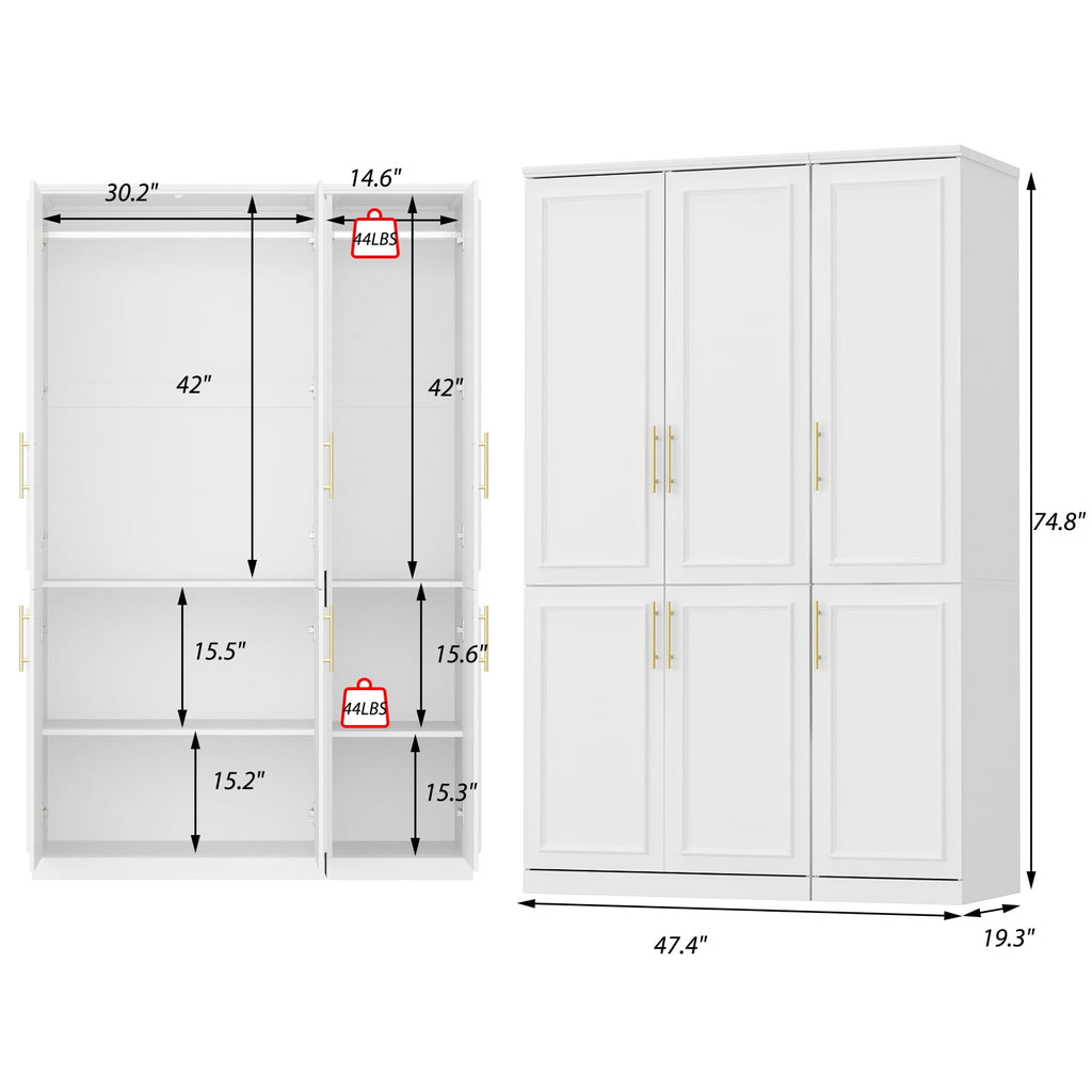 KULAGAGA Wardrobe Closet with Hanging Rod, Modern Wooden Armoire with 4 Framed Doors & 3 Large Shelves, Clothes Storage Cabinet Organizer for Bedroom Apartment, White