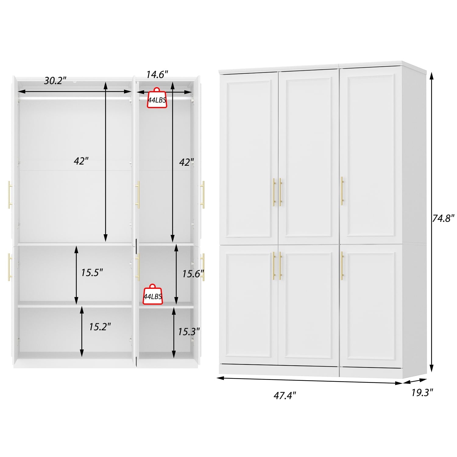 KULAGAGA Wardrobe Closet with Hanging Rod, Modern Wooden Armoire with 4 Framed Doors & 3 Large Shelves, Clothes Storage Cabinet Organizer for Bedroom Apartment, White