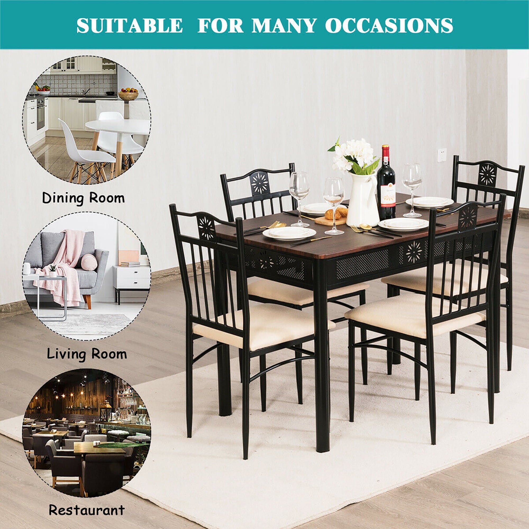 Costway 5PCS Dining Set Metal Table & 4 Chairs Kitchen Breakfast Furniture Black
