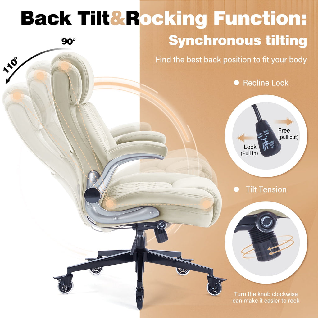 High Back Office Chair with Lockable Wheels, 400lbs Large Fabric Executive Desk Chair, Adjustable Lumbar Support Flip up Arms, Ergonomic Home Office Computer Chair with Storage Pocket, Black