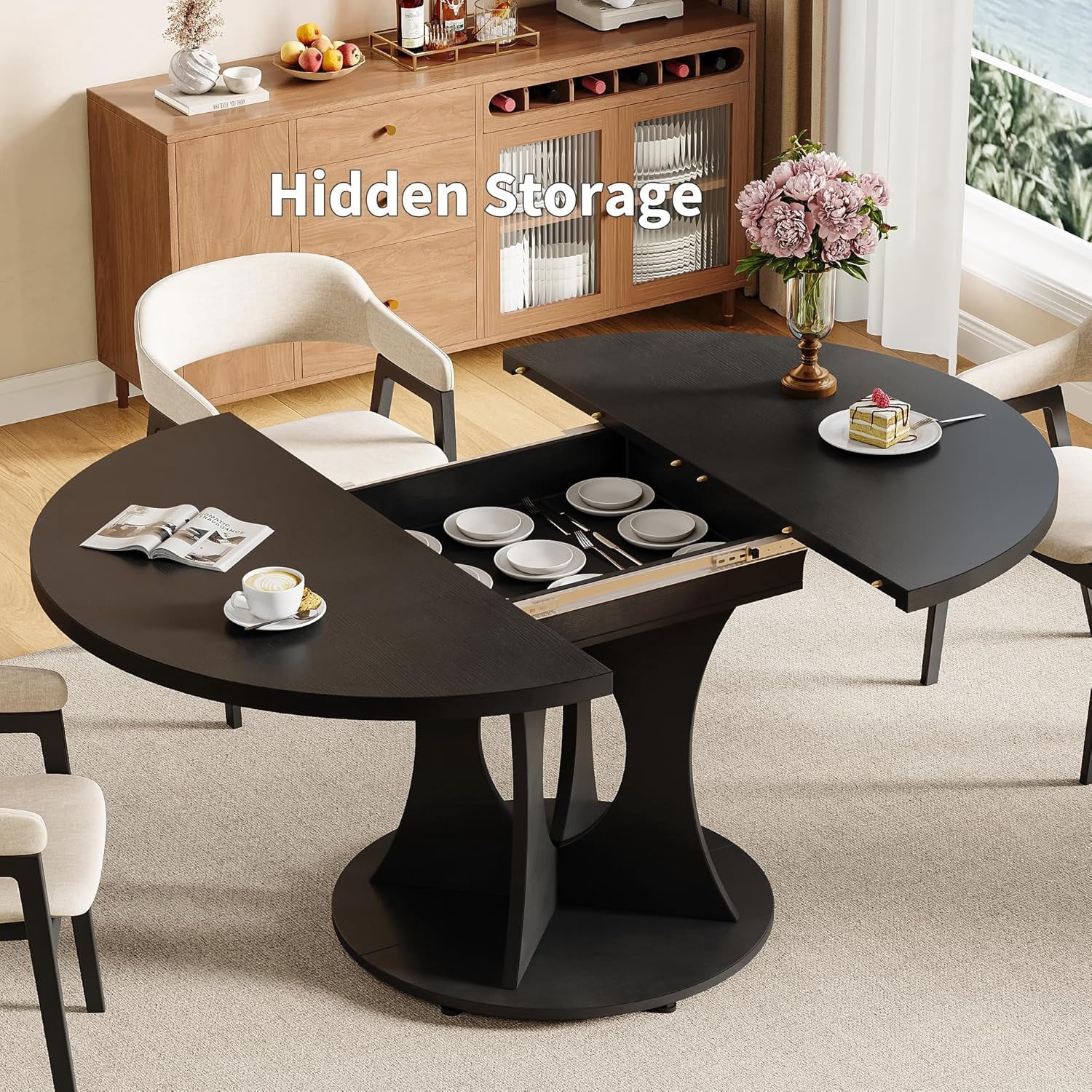 Laisnet 59 Extendable Wooden Dining Table for 8, Modern Kitchen Table with Hidden Storage, Black