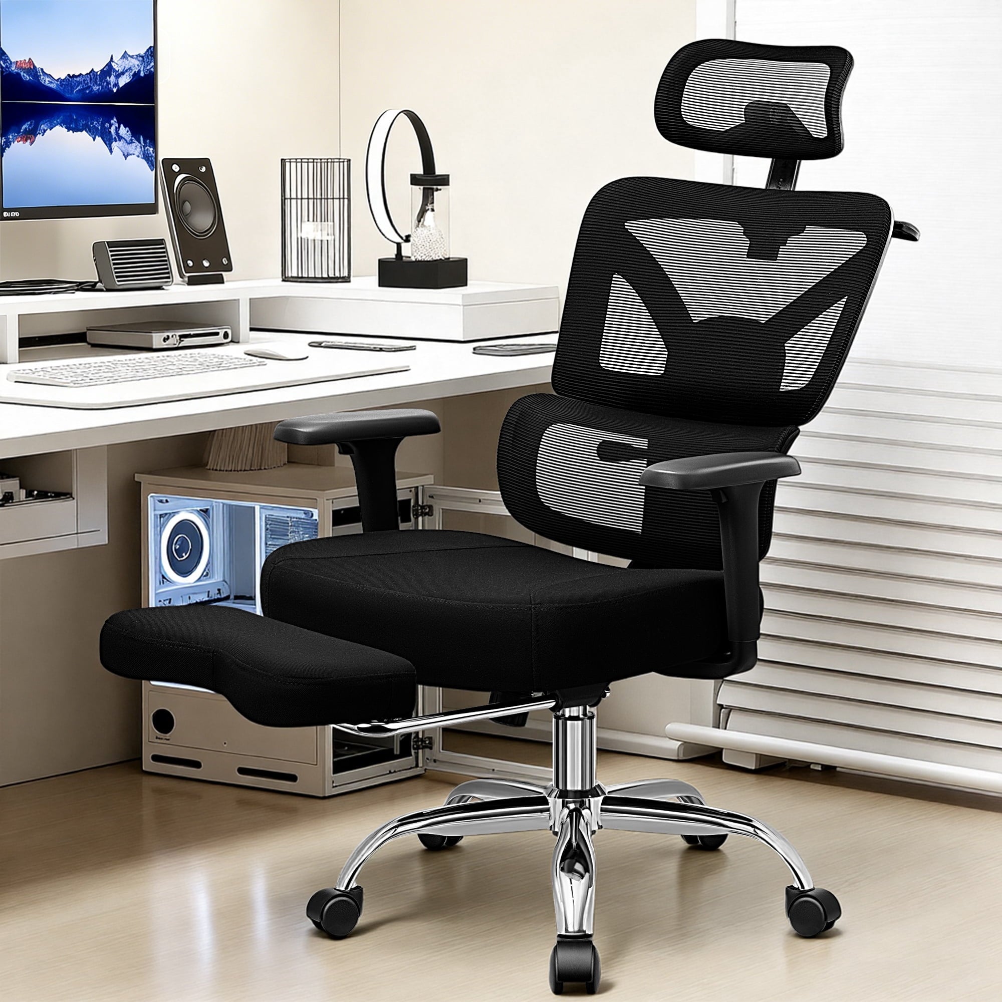 COOLHUT Ergonomic Mesh Office Chair with Footrest, Big and Tall Computer Desk Chair with Adjustable Lumbar Support, Headrest and Armrest, High Back Home Office Chair for Workspace, 300LBS, Black