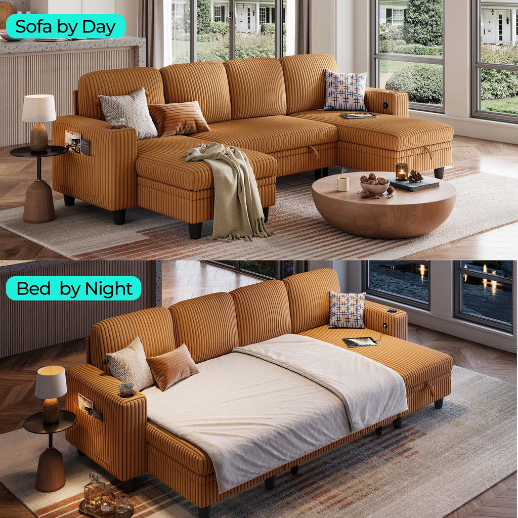 LINSY HOME L Shaped Sectional Couches for Living Room, Sleeper Sofa Bed with Reversible Storage Chaise, Pull Out Couch Bed with USB, Cup Holder, Black