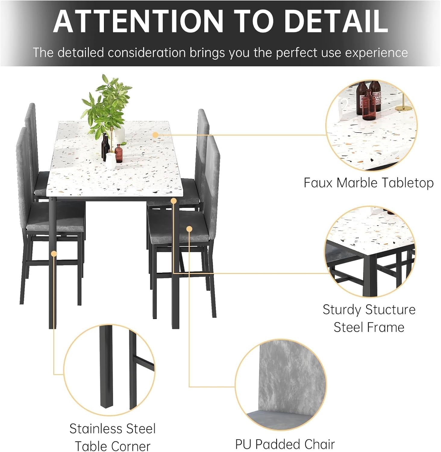MIERES 5-Piece Dining Table Set for 4, Faux Marble Kitchen Table and 4 Chairs, Modern Dining Room Table with 4 Chairs, Dinner Table Set for Small Spaces, Brown