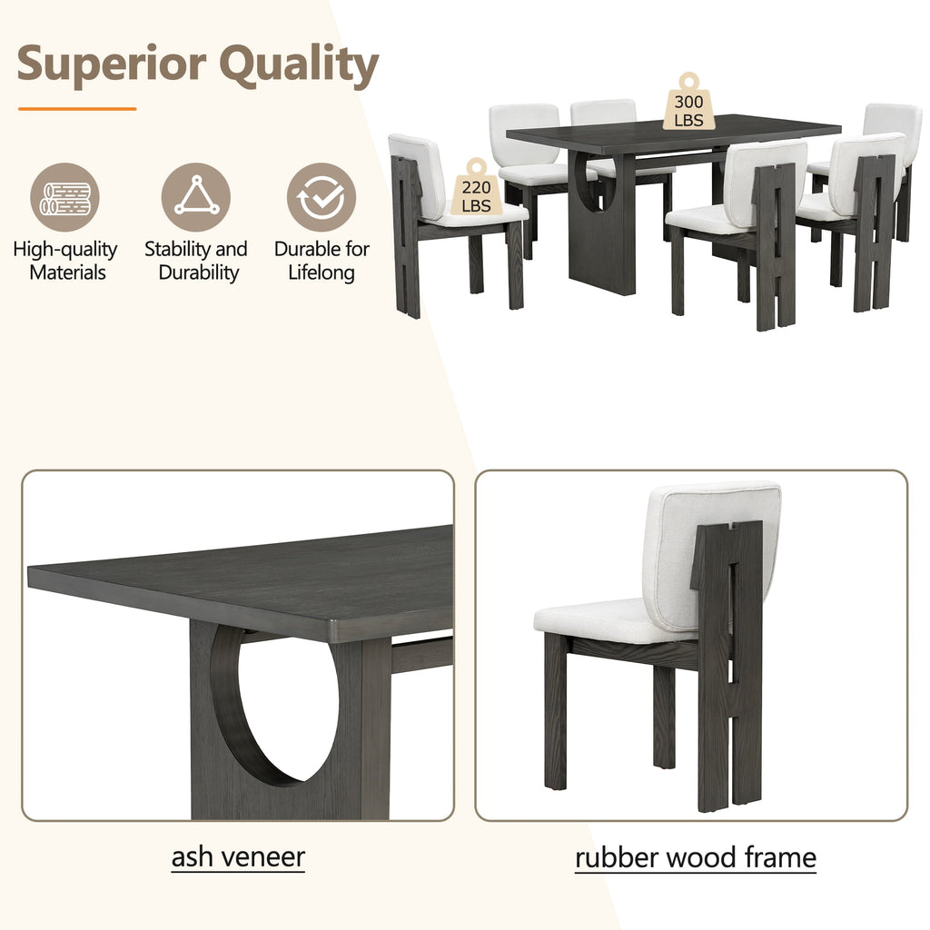 Euroco 7-Piece Dining Table Set for 6, 59 Kitchen Table Set with 6 Upholstered Chairs and Wooden Frame,Retro Dining Set for Kitchen Dining Room, Natural