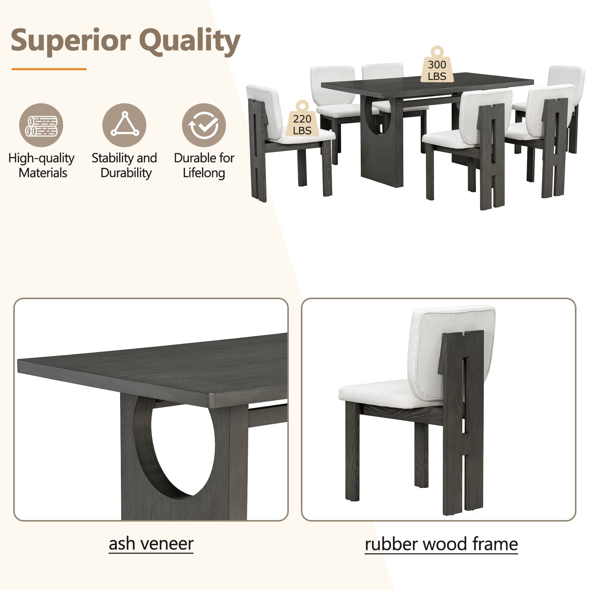 Euroco 7-Piece Dining Table Set for 6, 59 Kitchen Table Set with 6 Upholstered Chairs and Wooden Frame,Retro Dining Set for Kitchen Dining Room, Natural